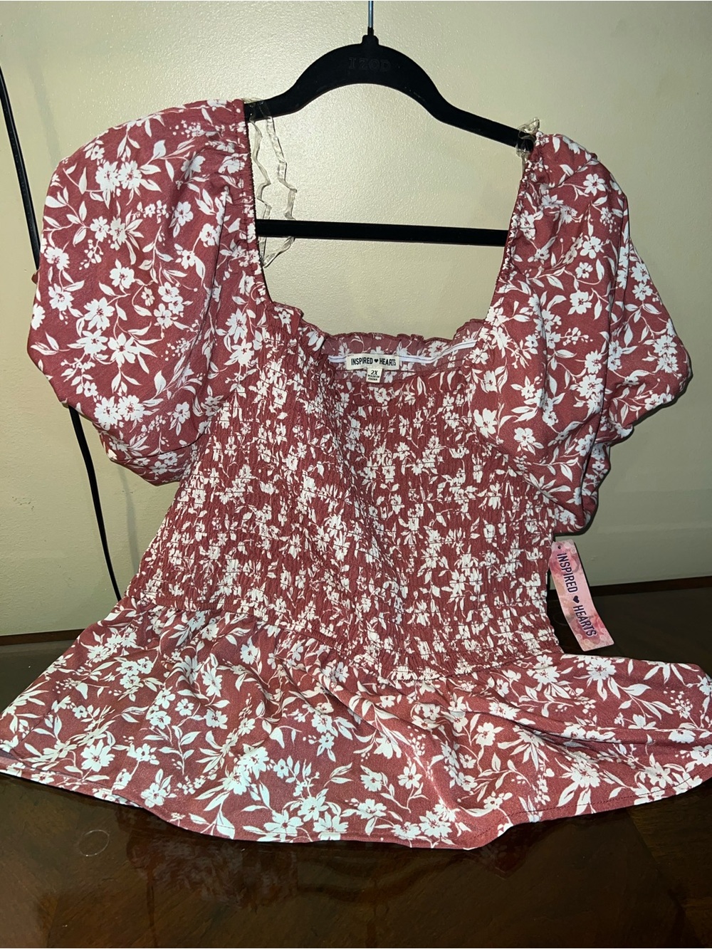Inspired Hearts Pink-Red Floral Smocked Puff Sleeve Top
